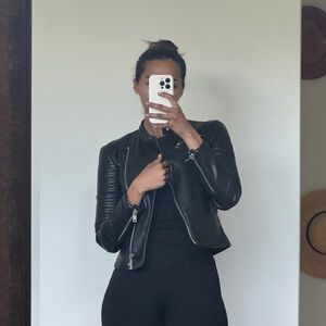Zara Black Leather Moto Jacket with Silver Hardware